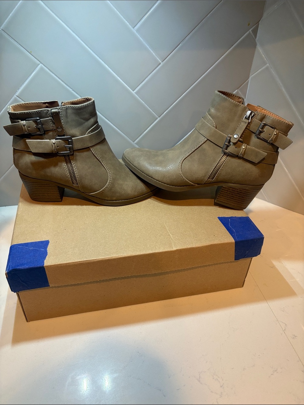 Indigo Taupe Buckled Ankle Boots